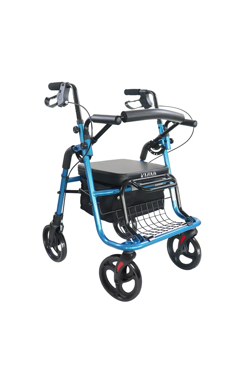 KMINA Deambulatore con Seduta 2 in 1 per Anziani, Rollator Pieghevole con Funzione Trasporto, 4 Ruote da 20cm, Freni a Leva e Cestino, Altezza Regolabile 82,5-95cm, Alluminio, Max 136kg, Nero