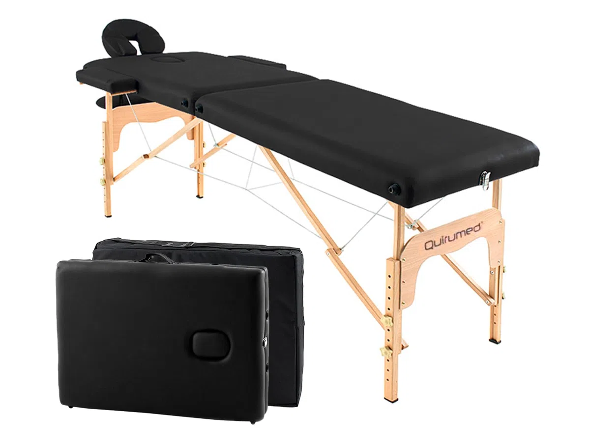 QUIRUMED Easy Lettino da massaggio pieghevole in legno, colore nero, 182 x 60 cm, similpelle, portatile, testa rimovibile leggera, foro facciale, altezza regolabile, fino a 120 kg