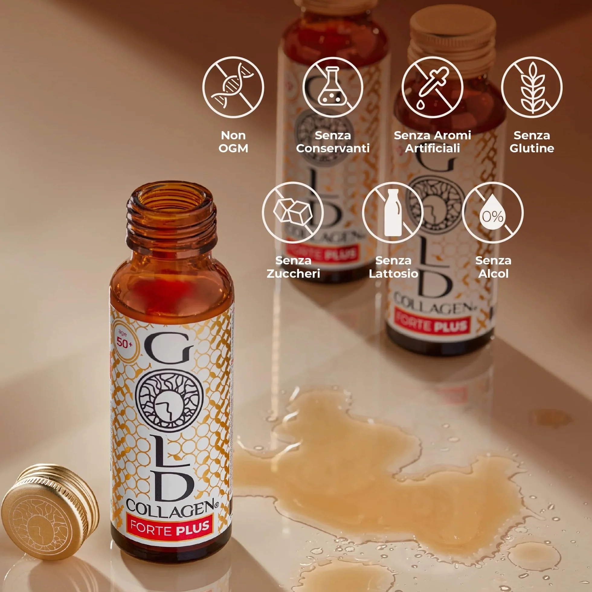 GOLD COLLAGEN New Forte Plus Collagene Integratore Antirughe con Vitamina C Antiossidante 8g Collagene Marino Acido Ialuronico Biotina 10x50ml