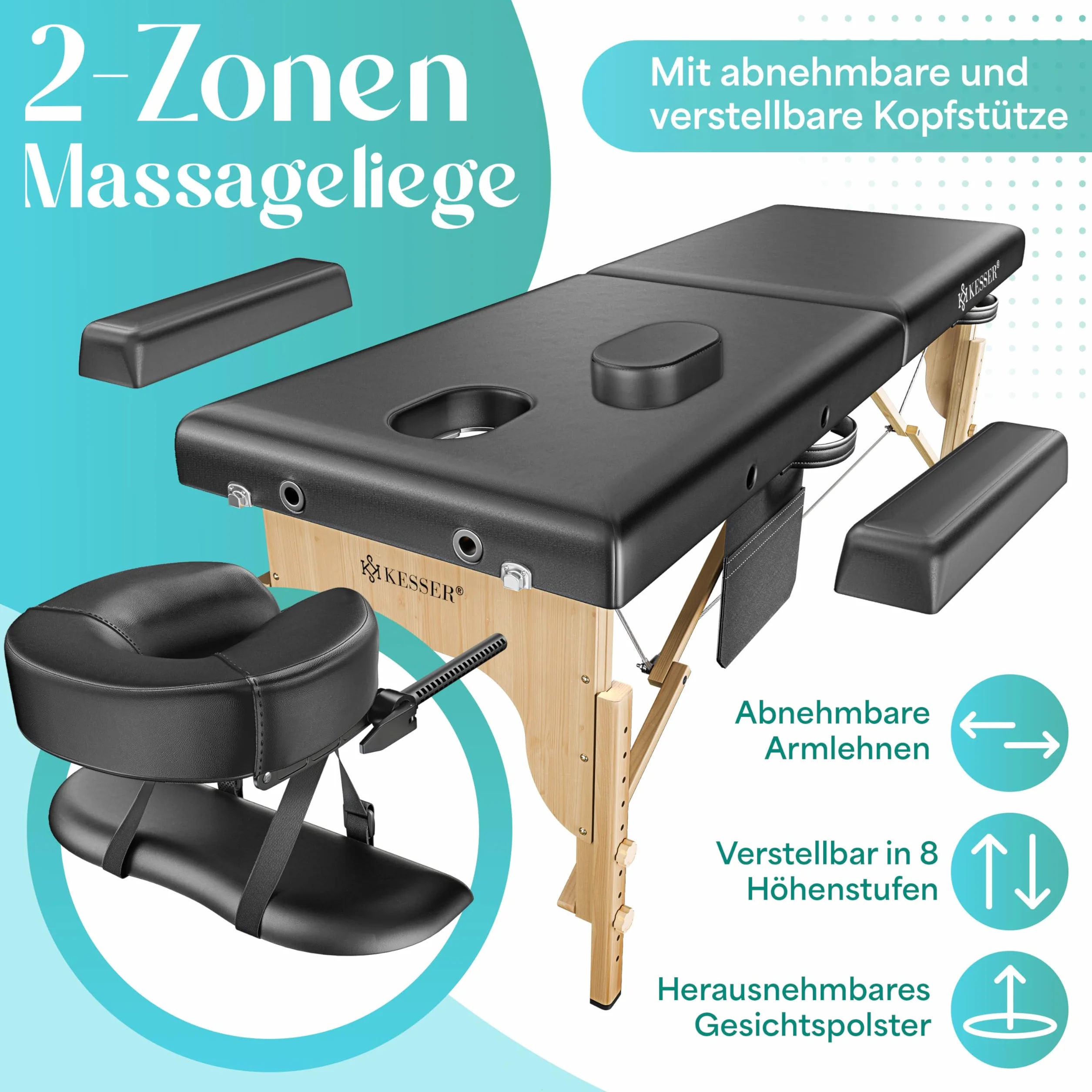 KESSER Lettino da massaggio mobile con piedini in legno, pieghevole e regolabile in altezza, max 250 kg, 2 zone, per massaggio, per cosmetici, ampio lettino terapeutico, poggiatesta e braccioli, con