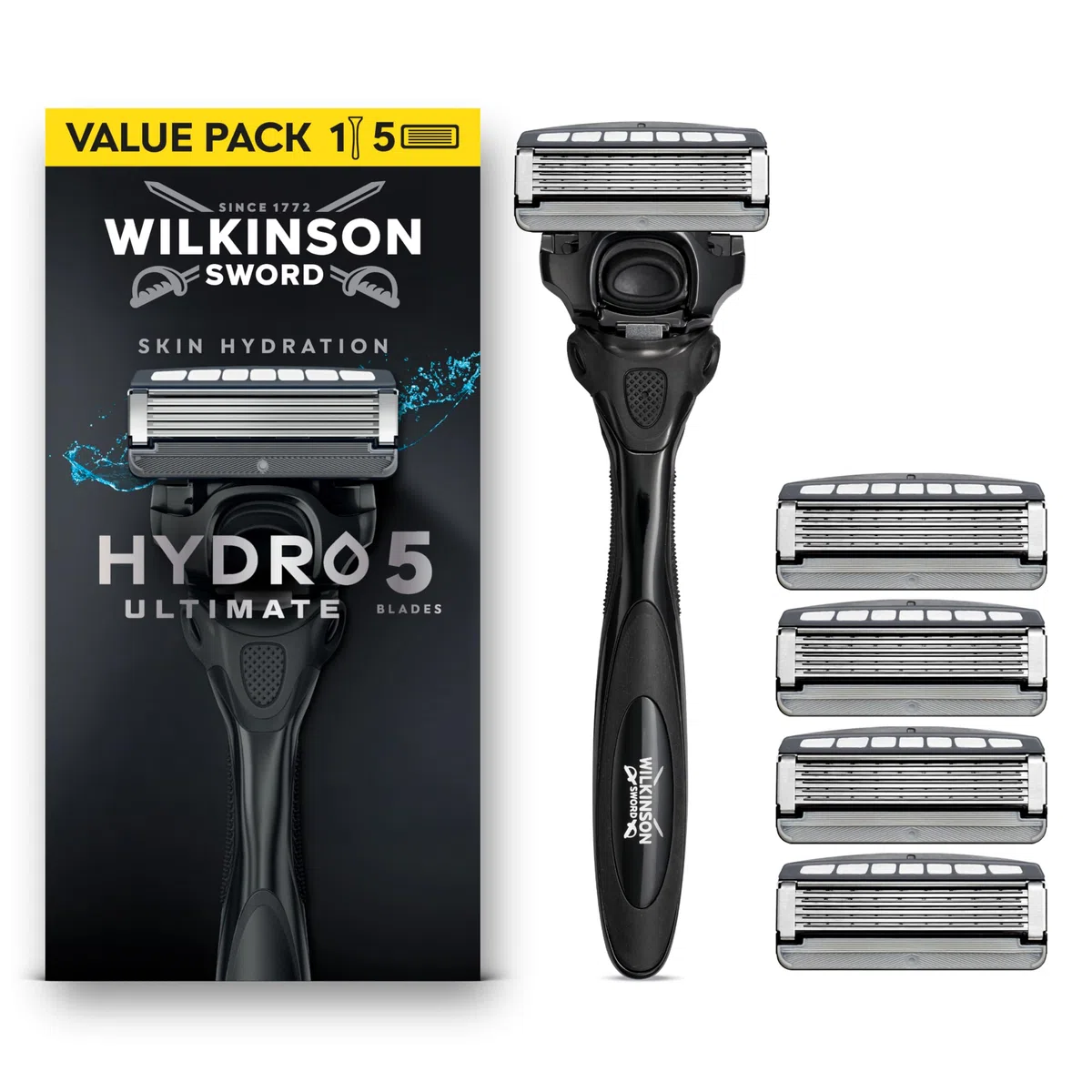 Wilkinson Sword Hydro 5 Ultimate, rasoio da uomo, formato convenienza, con acido ialuronico e lame rivestite in carbonio, manico + 5 ricariche