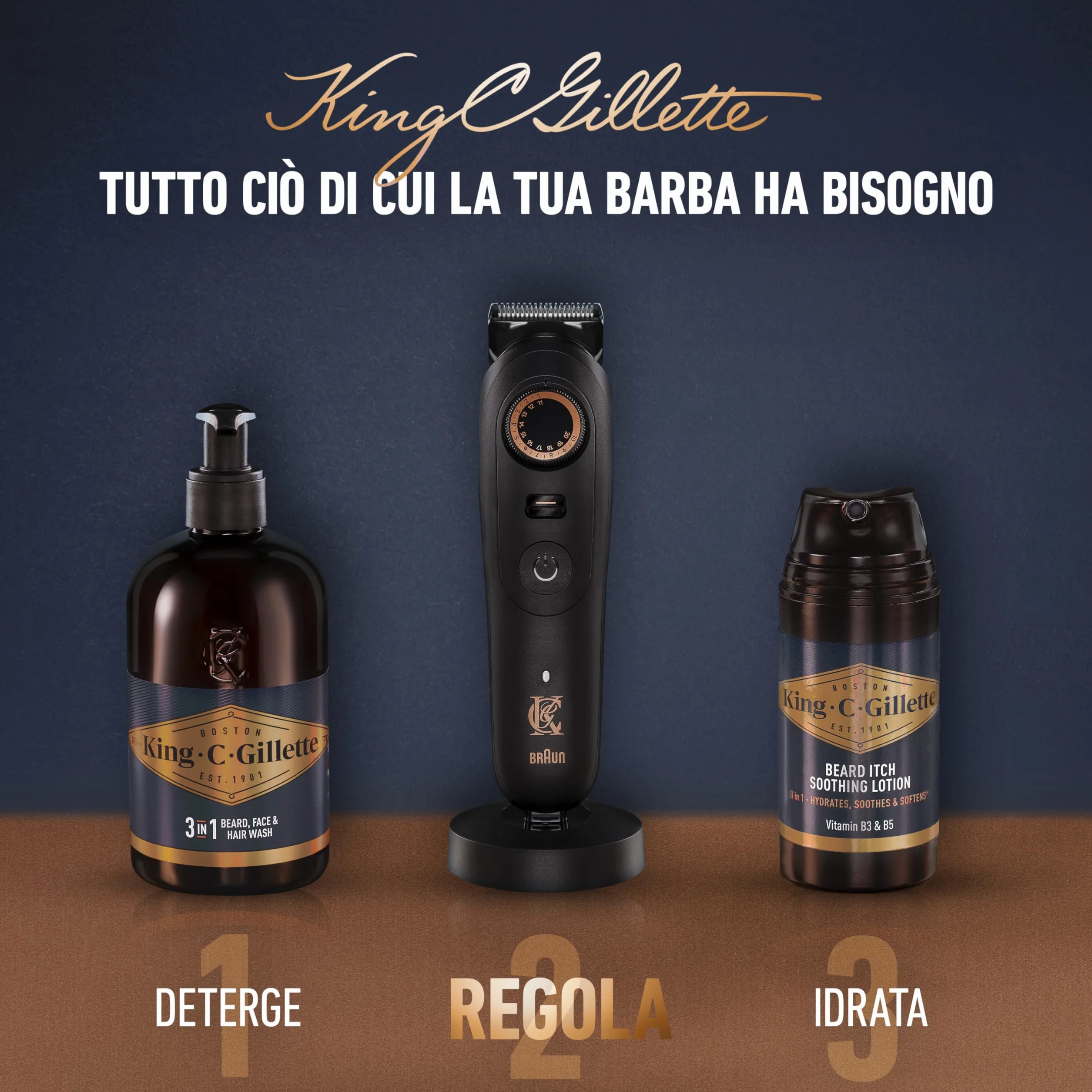 King C. Gillette Rasoio Elettrico Barba Pro MAX, Regolabarba Uomo Senza Fili, 40 Impostazioni, 4 Pettini, Base Ricarica