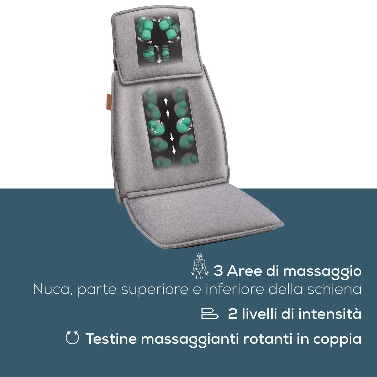 Beurer MG 330 Coprisedile Massaggiante Shiatsu Grigio con 3 Aree di Vibrazione a 4 Testine che Simulano il Massaggio Manuale, 2 Livelli di Intensità, Interruttore Manuale