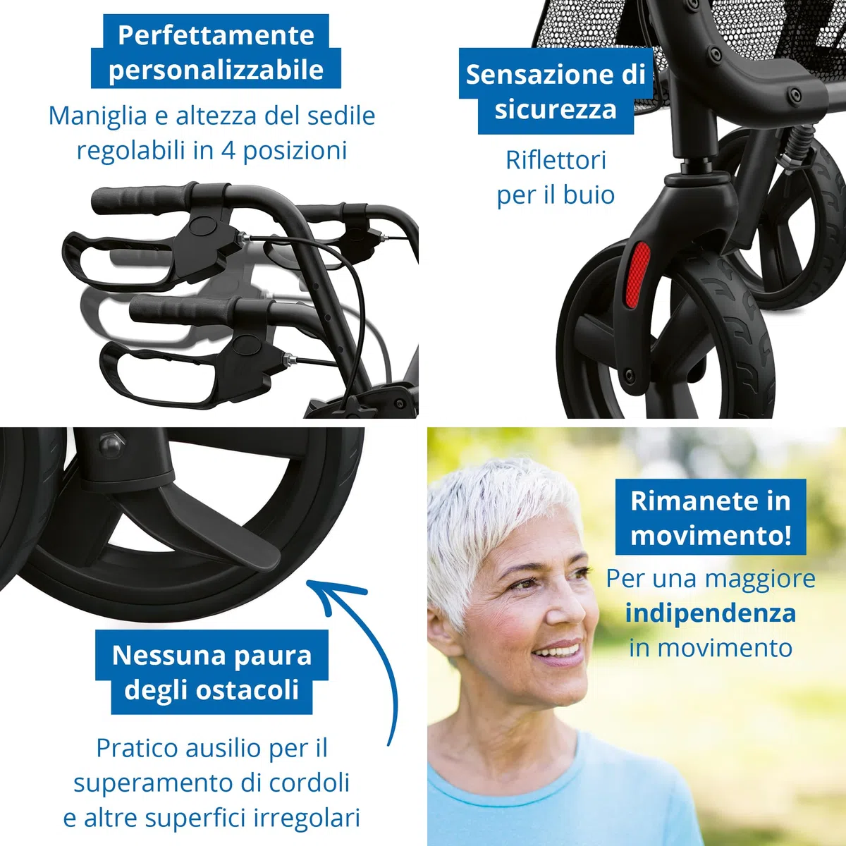 Deambulatore leggero e regolabile, 6,2 kg, seduta imbottita con schienale, rete e supporto per bastone, pieghevole, maniglie e seduta regolabili in altezza in 4 posizioni, carrello da passeggio da
