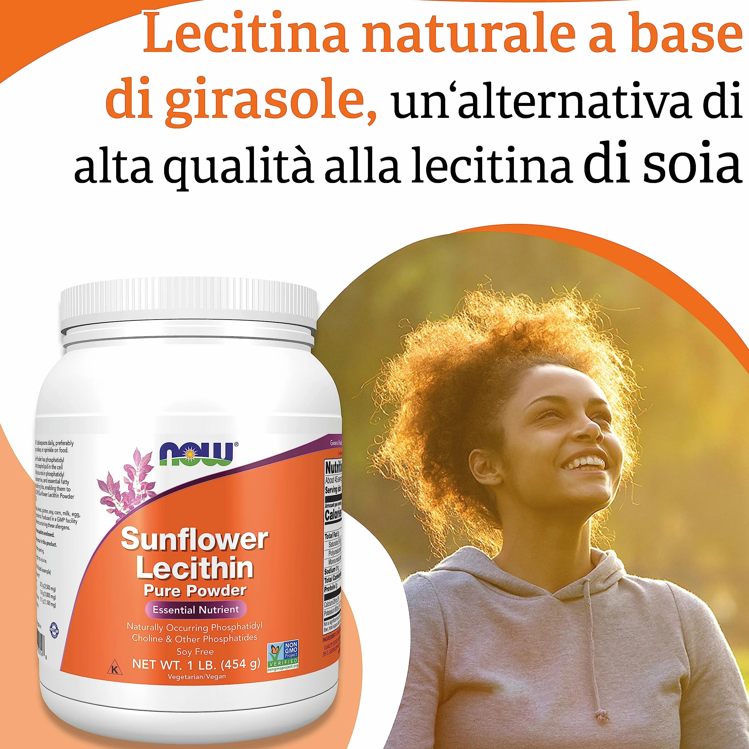 Now Foods Sunflower Lecithin Pura Polvere Vegana 454 g Senza Glutine Senza Soia