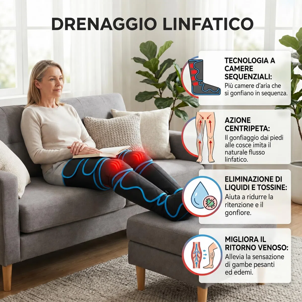 ECODE Pressoterapia Linfodrenaggio Massaggio Linfatico Drenante per Circolazione, Vene Varicose e Ritenzione Idrica Gambe Gonfie, Piedi, Polpacci e Caviglie – Gambali con Massaggiatore Linfodrenante