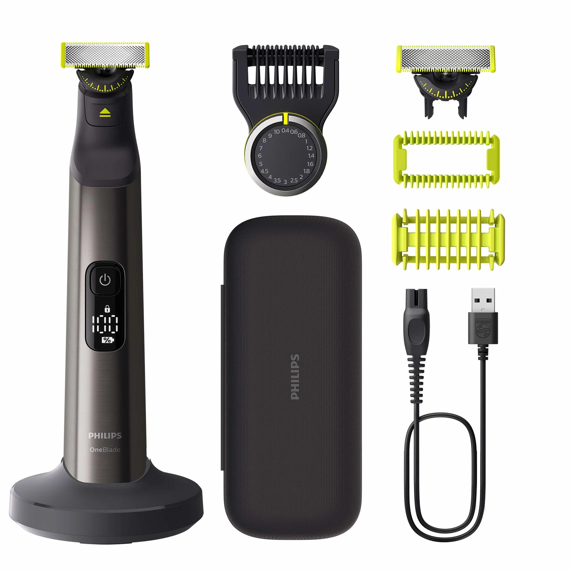 Philips OneBlade Pro 360 Regolabarba Elettrico Viso Corpo, Rasoio Depilatore, 2x 360 Lame, Pettine 14 Lunghezze, Kit Corpo, Base Ricarica, Custodia Viaggio