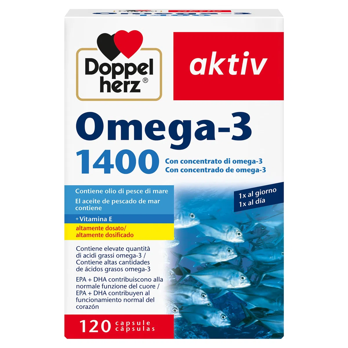 Doppelherz aktiv Omega-3 1400 - Integratore Alimentare con Concentrato di Omega-3 (DHA e EPA) e Vitamina E - Altamente Dosato - Senza Glutine e Lattosio - 120 Capsule