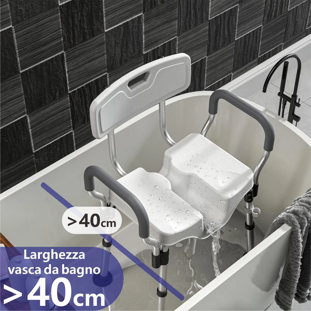 Sedia da Doccia LITTNEO Regolabile con Schienale/Braccioli Sedile da Doccia Resistente, Sagomato, Sedile Antiscivolo a Forma di U per Anziani, Disabili, Donne Incinte