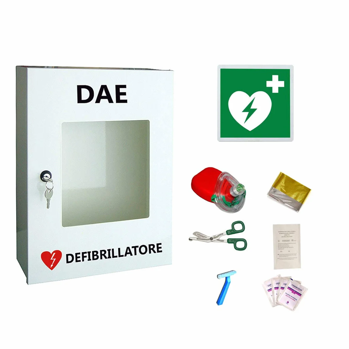 Armadietto Universale per Defibrillatore DAE con Cartello Segnalatore Pronto Soccorso BLSD