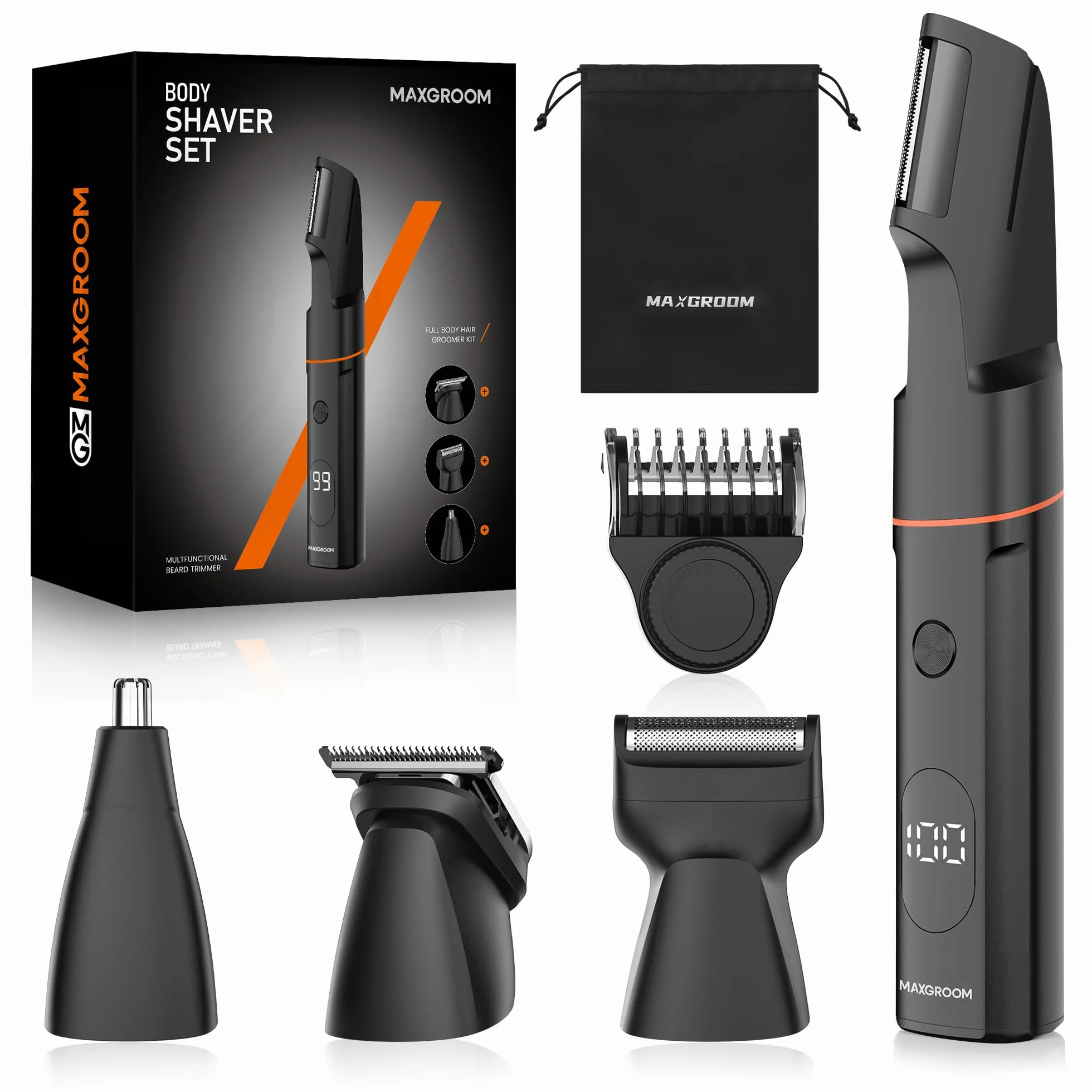MAXGROOM 4 in 1 Rasoio Elettrico Corpo Uomo IPX6 Uso Umido e Secco Depilatore Ricarica USB C Nero