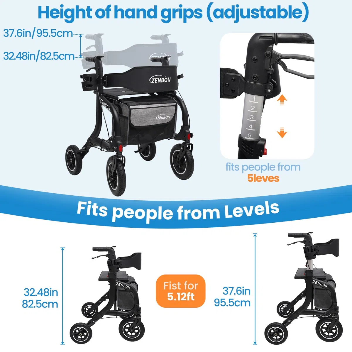 Deambulatore per Anziani in Alluminio: Girello 4 Ruote con Seduta Rollator Leggero Pieghevole - Rollator Viaggio Regolabile in Altezza con Porta Bastone e Borsa della Spesa Rimovibile amovible (Nero)