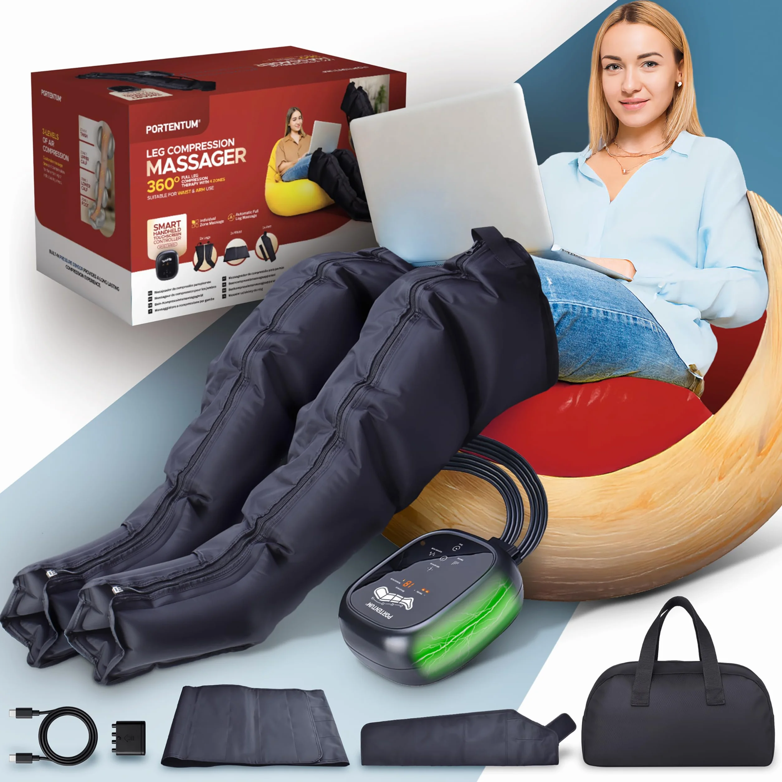 PORTENTUM Pressoterapia linfodrenaggio con batteria – Massaggiatore gambe e addome con 8 modalità e 3 intensità – Telecomando con schermo LCD – USB-C – Accessori per braccia e cintura – Borsa inclusa