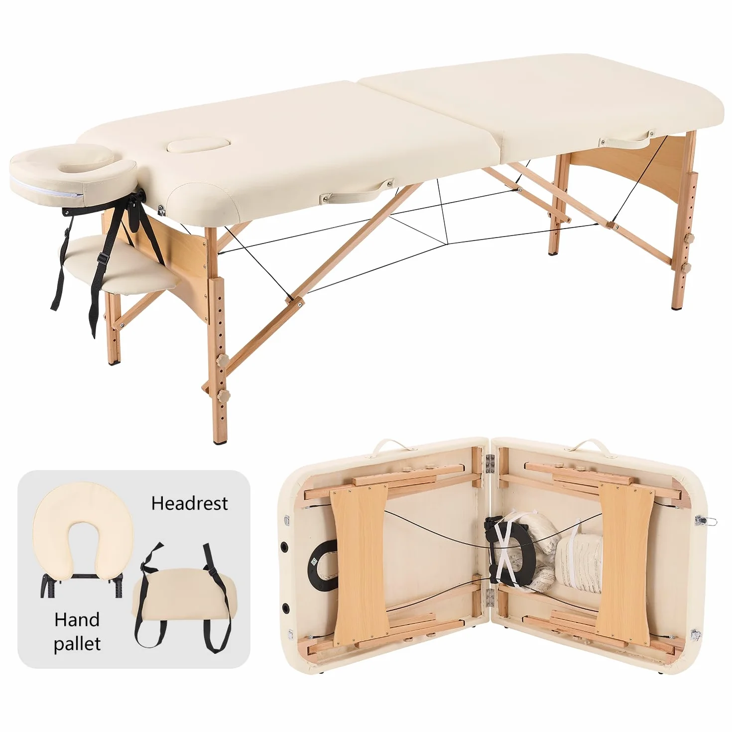 YOUNIKE Lettino da Massaggio a 2 Zone in Legno Lettino Massaggio Regolabile Imbottitura Comfort Poggiatesta Multifunzione con Borsa per Trasporto Inclusa, Capacità 250 kg Beige