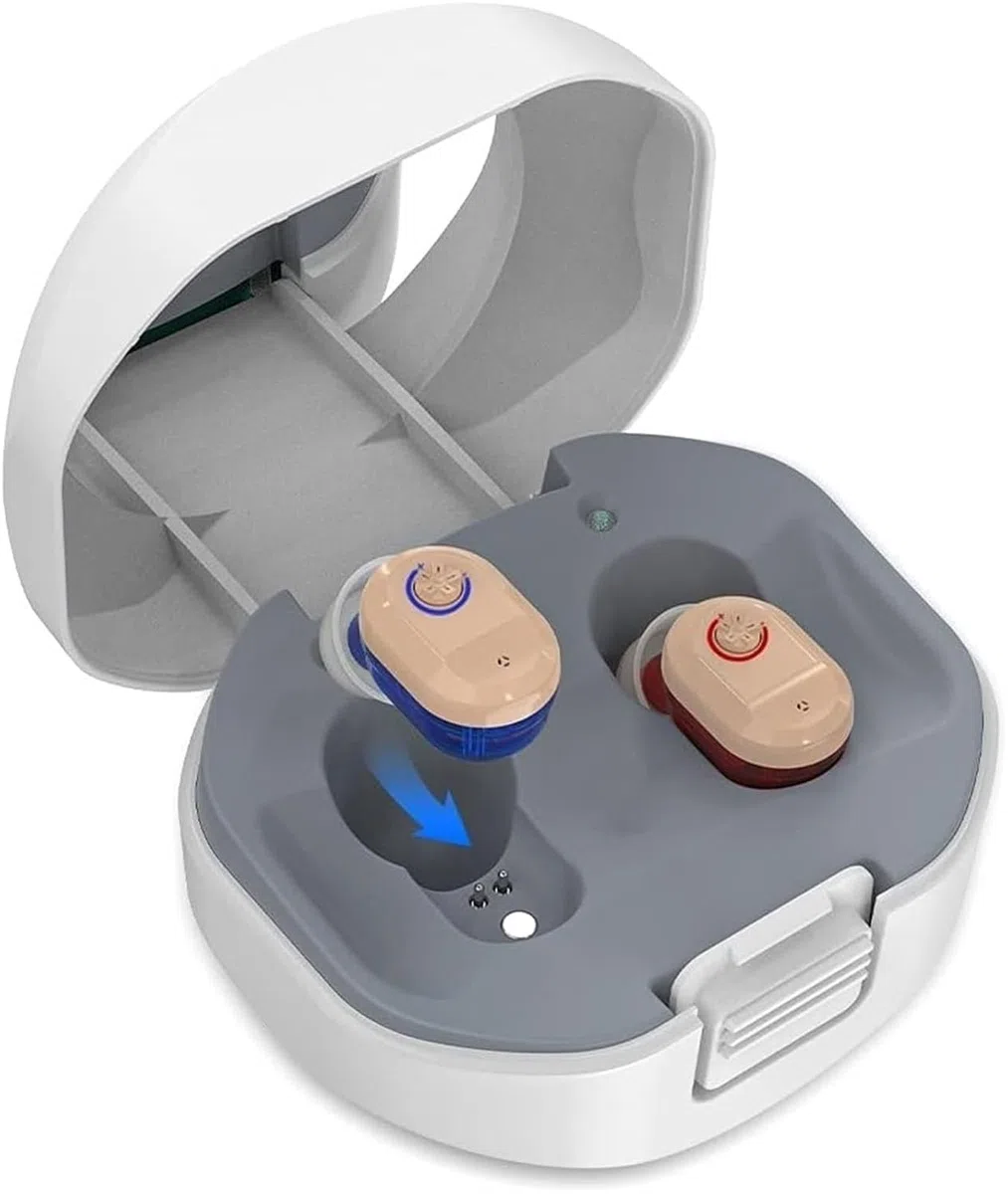 Amplificatore audio personale premium per adulti, invisibili amplificatori di Hearing digitale In-Ear, ricaricabile Sound Amplifier, con custodia di ricarica (1 paio) - beige