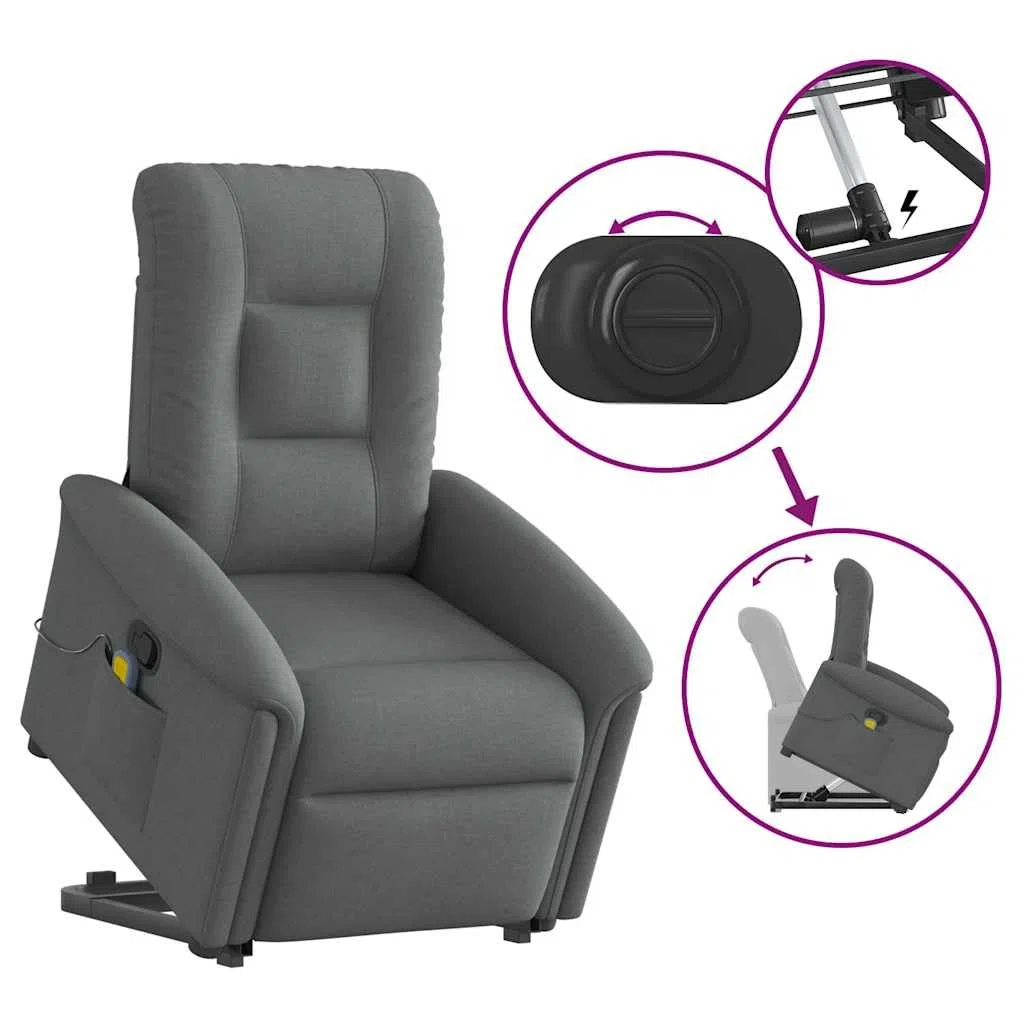 vidaXL Poltrona Alzapersona Massaggi Reclinabile Grigio Scuro Tessuto, Poltrona reclinabile rialzata, Sedia reclinabile per Anziani, Sedia alzabile elettrica