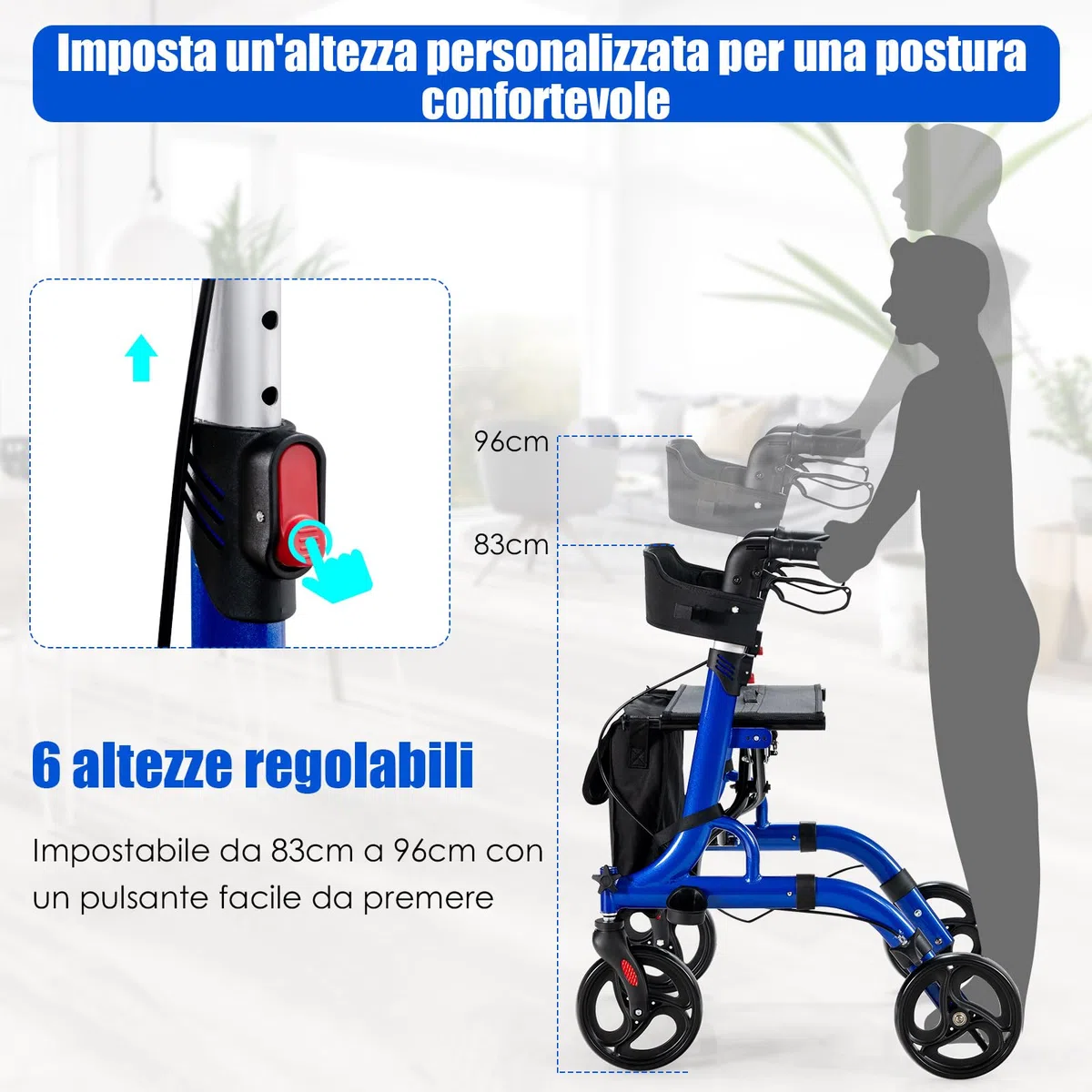 COSTWAY Deambulatore con Seduta 2 in 1, Rollator Pieghevole, Deambulatore per Anziani con 4 Ruote, Maniglie Regolabili Freni, con Doppia Funzione Schienale Reversibile e Borsa Portaoggetti (Blu)