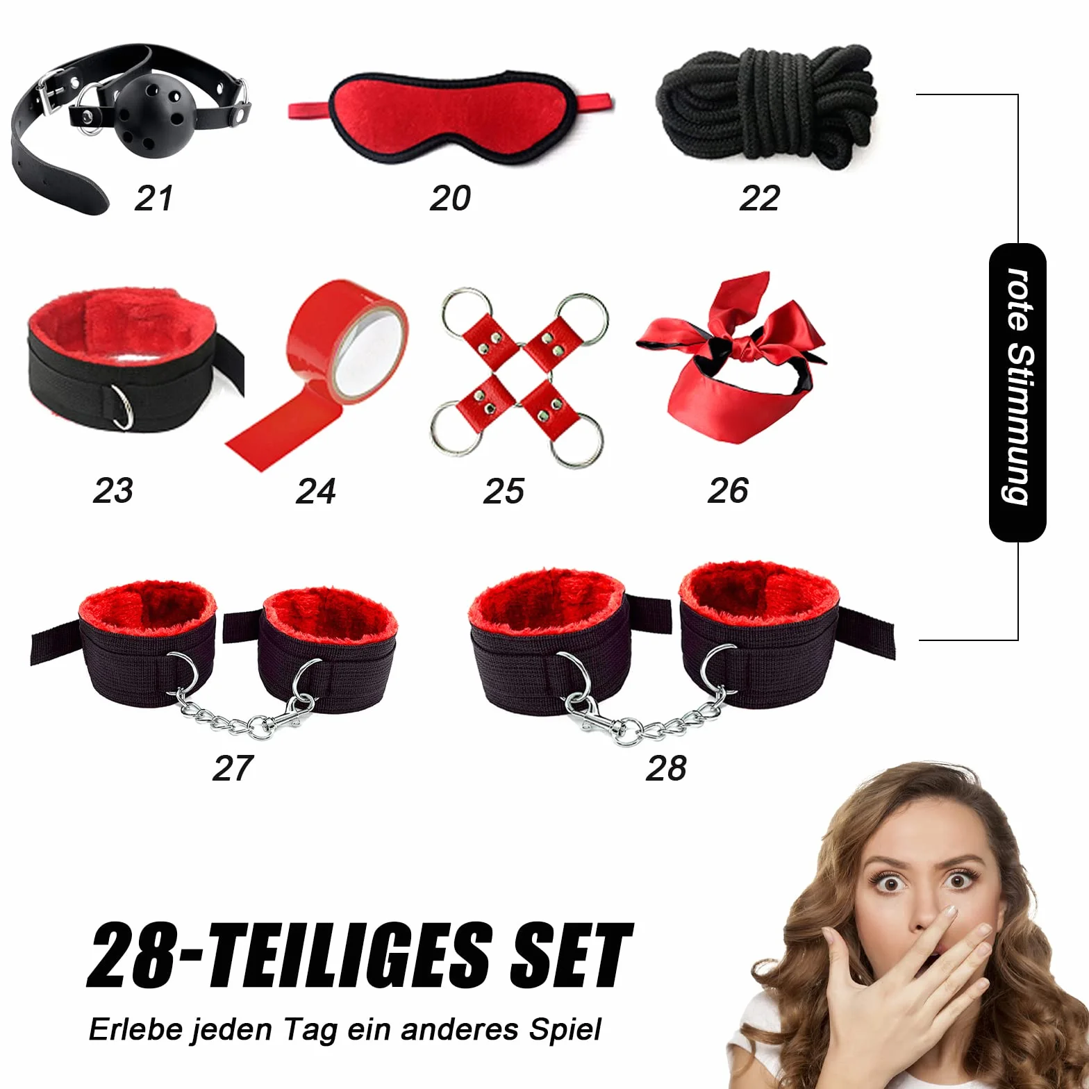 BDSMYOU Bondage Set 28 pezzi Manette Plug Anale Vibratore Frustino Morsetti Capezzoli Choker Ball Gag Sessuali Rosso