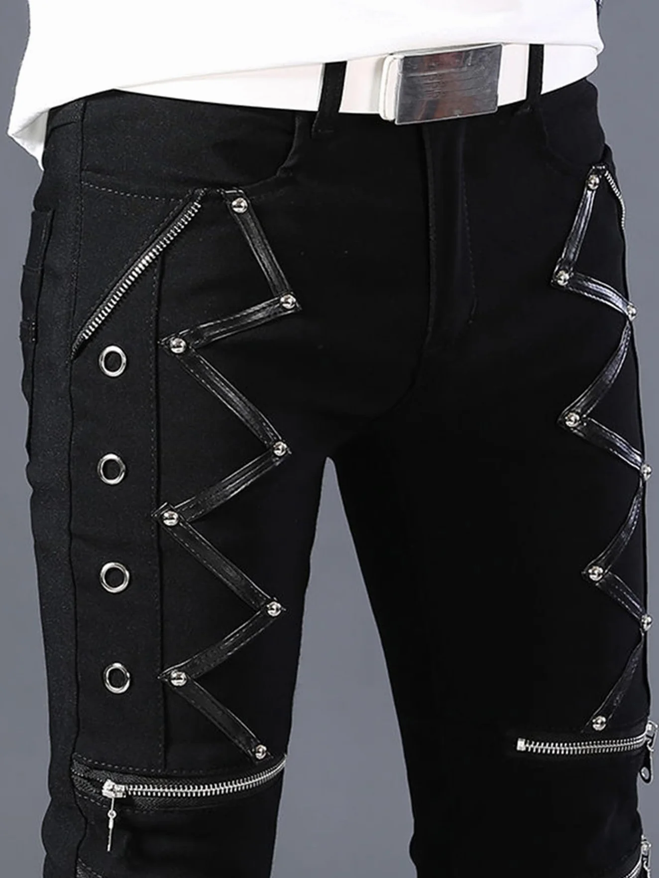 Idopy Pantaloni elasticizzati da uomo jeans da motociclista con borchie punk gotico