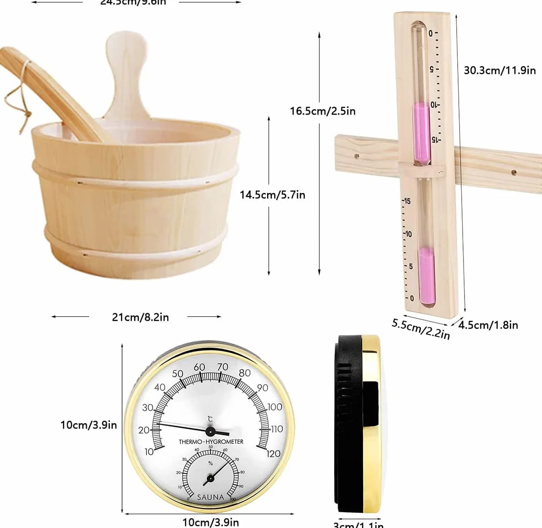 Secchio Sauna 4L Set Completo con Mestolo Legno Pino Finlandese Termometro Igrometro Clessidra