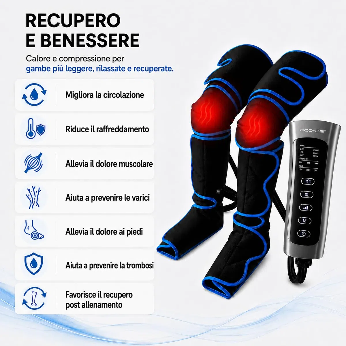 ECODE Pressoterapia Linfodrenaggio Massaggio Linfatico Drenante per Circolazione, Vene Varicose e Ritenzione Idrica Gambe Gonfie, Piedi, Polpacci e Caviglie – Gambali con Massaggiatore Linfodrenante