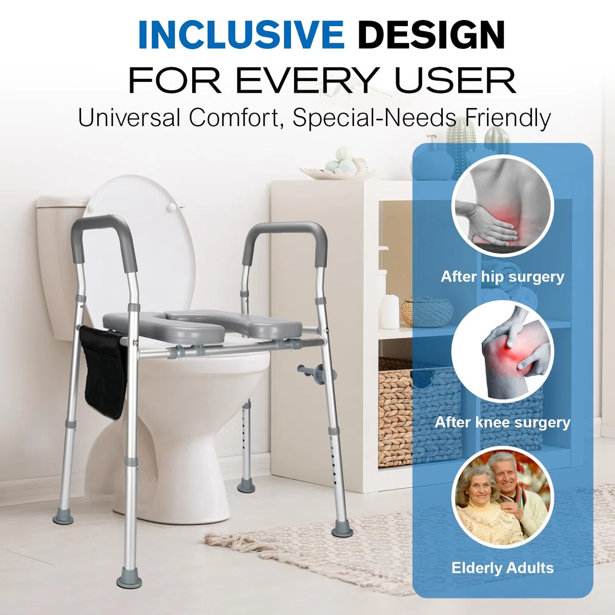 Rialzo WC Regolabile per Anziani e Disabili, Altezza 74-86 cm, Larghezza 50-60 cm, con Braccioli e Portariviste, Bianco