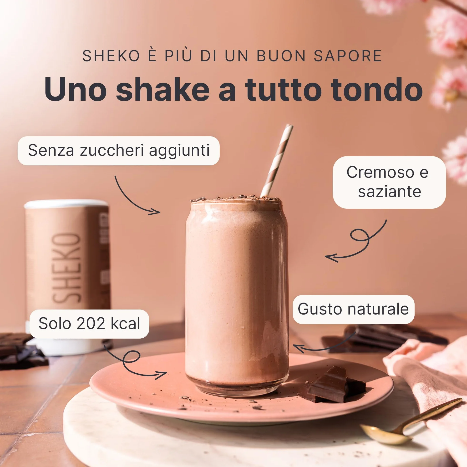 SHEKO Balance Shake Cioccolato + Shaker – 21 frullati proteici dimagranti, senza glutine, sapore naturale