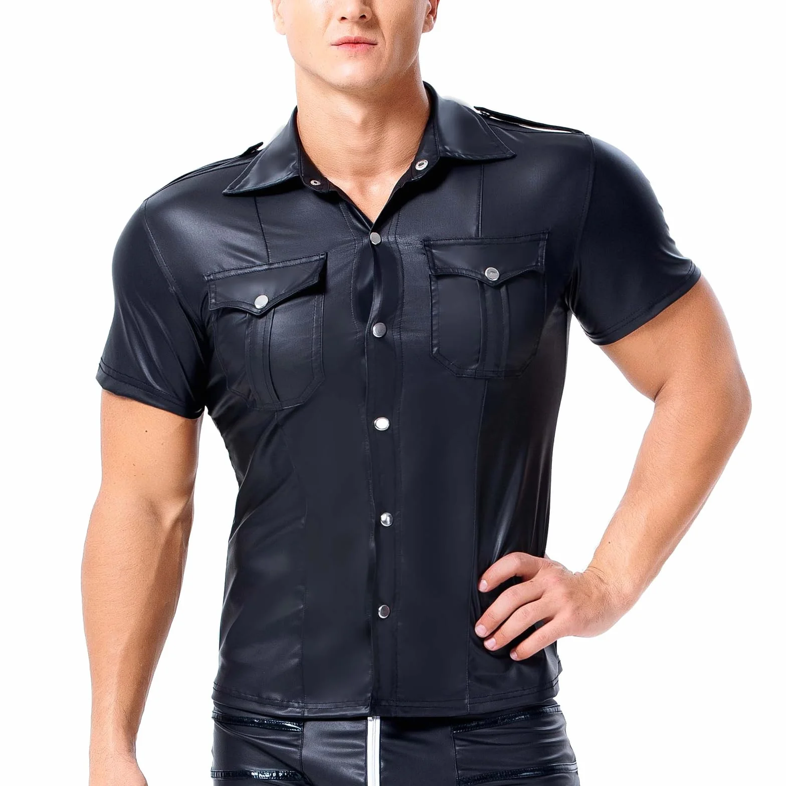 Camicia in pelle effetto laccato uomo slim fit maniche corte ecopelle