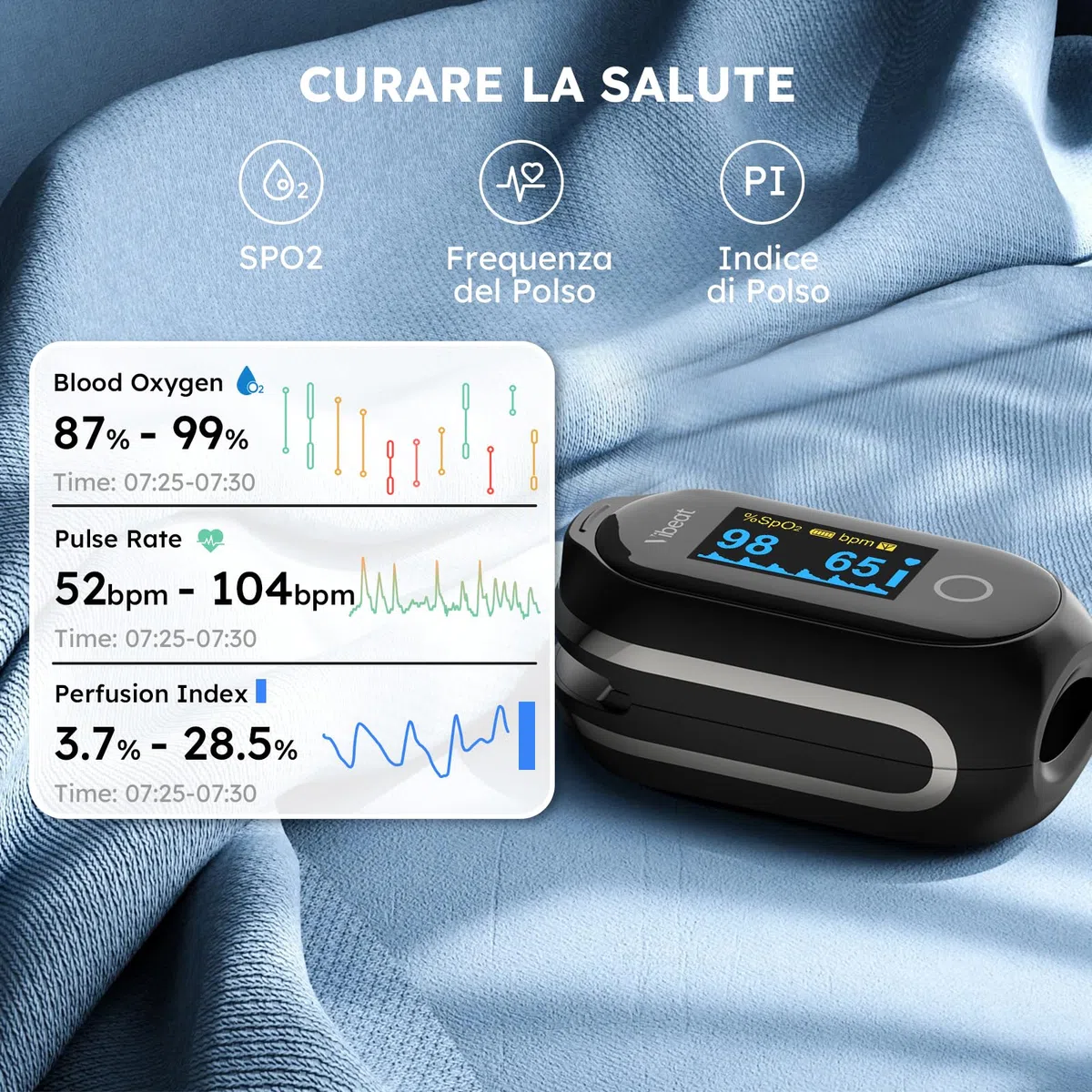 Vibeat Sleep Pulsossimetro da dito Bluetooth con Modalità Continua, Pulsossimetro Ricaricabile con 8 * 10 ore di Registrazione dati, con Sincronizzazione Automatica dei Dati
