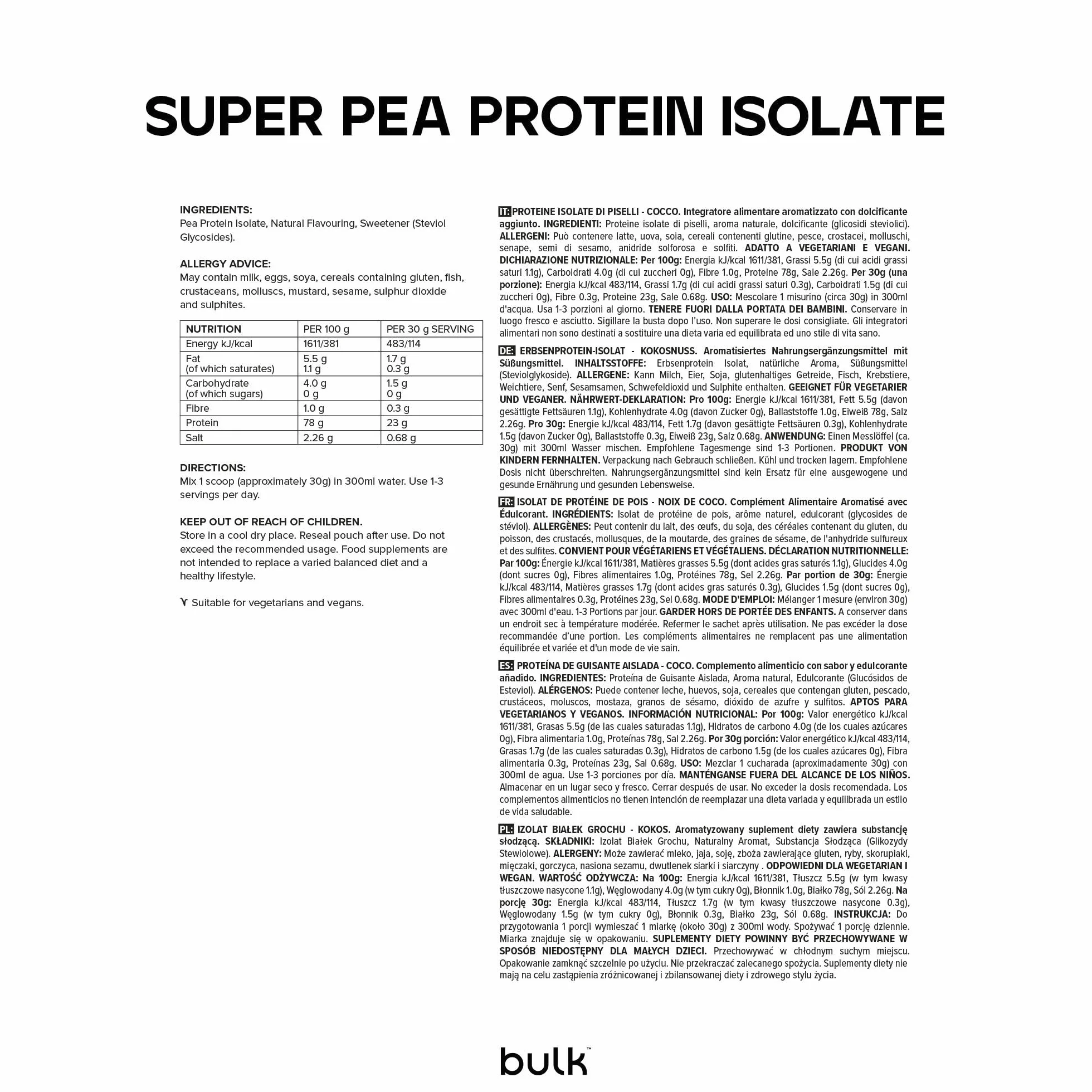 Bulk Pea Protein Isolate Powder, Vegan Protein Shake, Coconut, 2.5 kg, 83 Servings