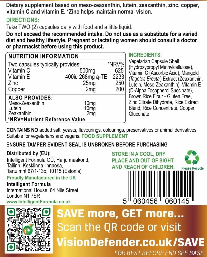 Vision Defender Plus Integratore Alimentare per la Vista AREDS2 con Meso-Zeaxantina Luteina Zeaxantina 60 Capsule Vegane