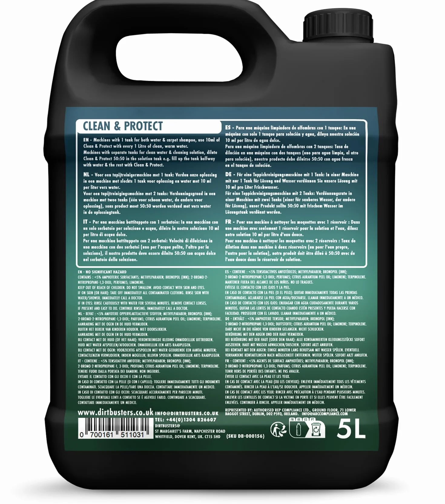 Dirtbusters Pulizia e protezione concentrato 4 in 1 5 litri shampoo professionale per moquette e tappezzeria detergente agli agrumi con neutralizzatore di odori