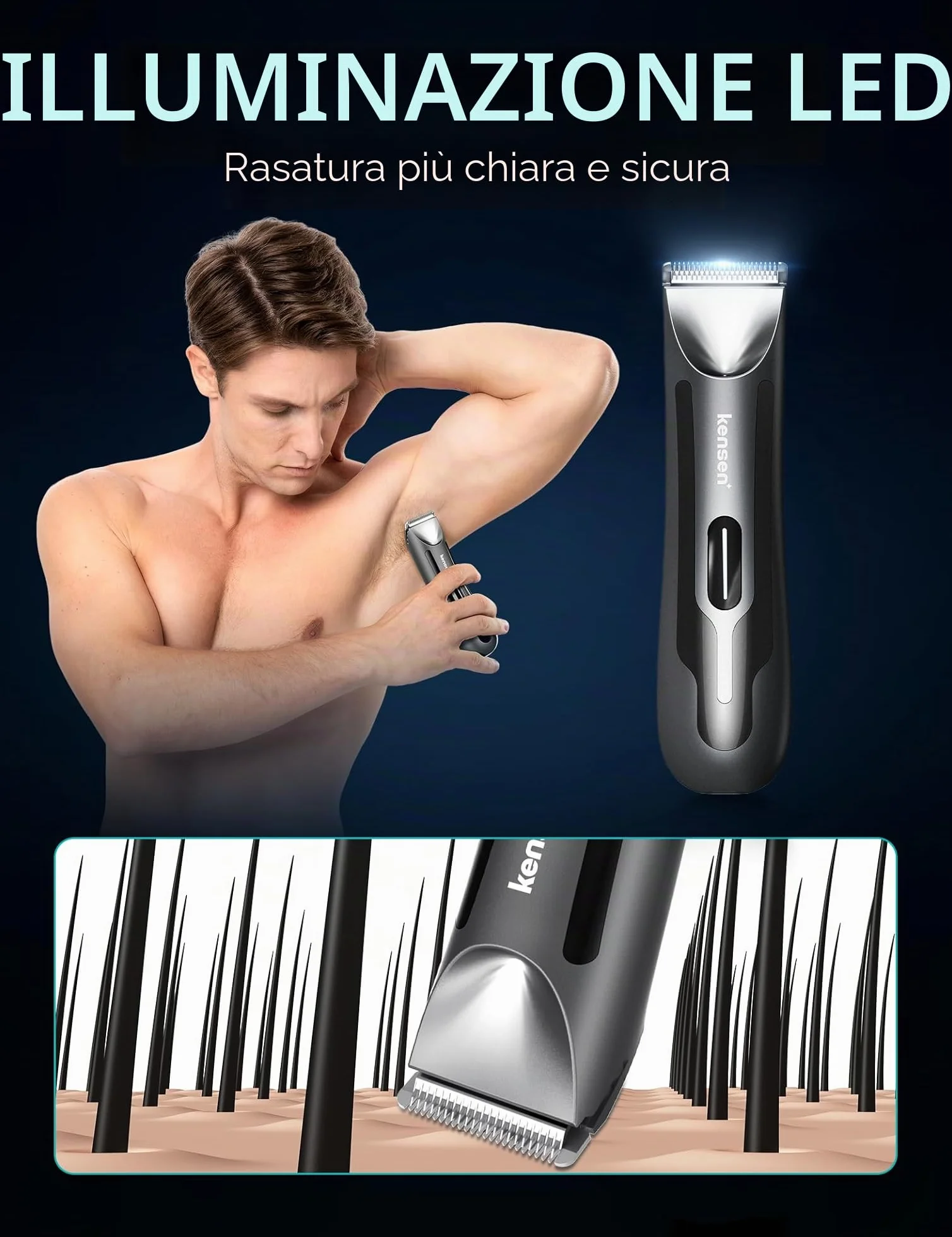 KENSEN Rasoio Elettrico Barba Depilatore Corpo Uomo LED Umido Asciutto RFCD-9088