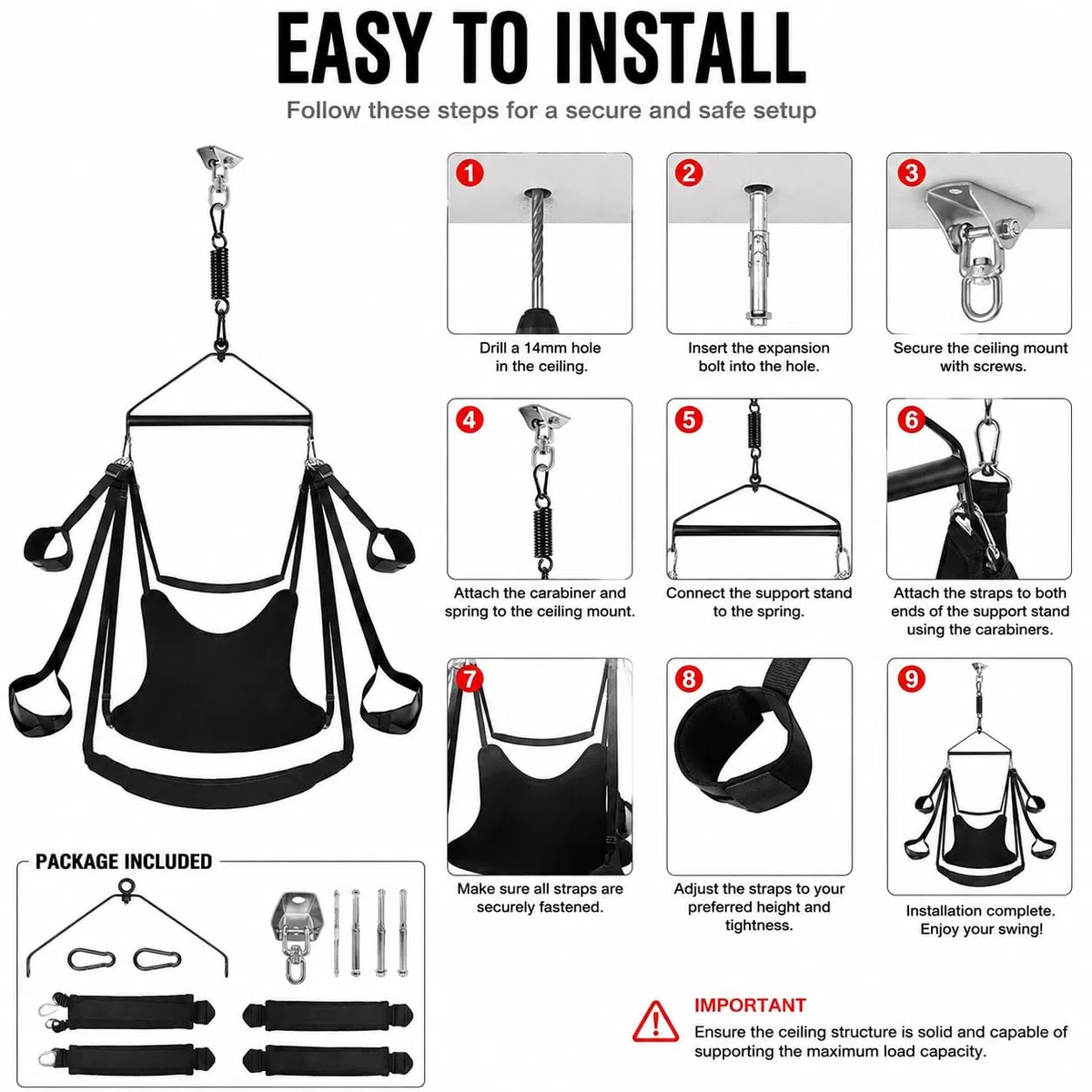 Altalena Erotica per Coppie 400 kg Heavy Duty – Rotazione a 360°, Seduta Extra Larga Imbottita in Pelle con Supporto per Collo, Cuscino Seduta e Kit Completo di Montaggio a Soffitto – Cinghie Regolabi