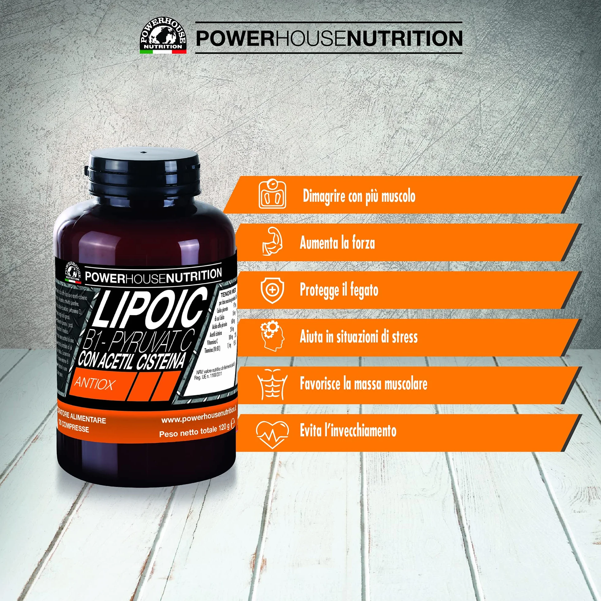Powerhouse Nutrition Acido Alfa Lipoico 600mg con Piruvato, NAC, Vitamina C e B1 - 120 Compresse