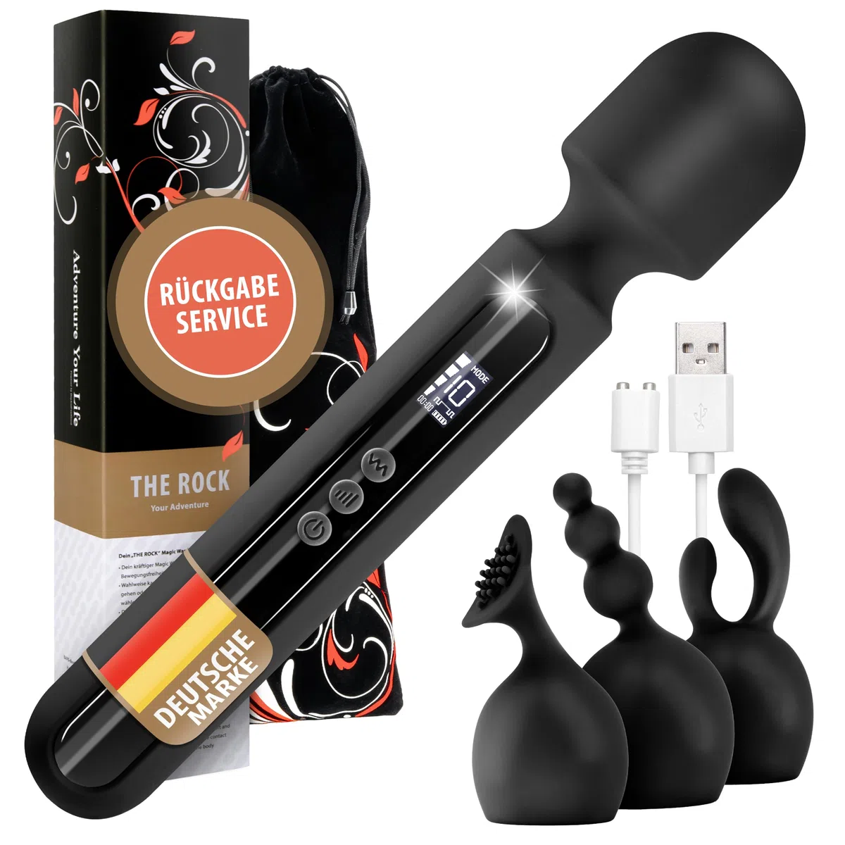 NUOVO - "THE ROCK" - Potente bastone di MAGIC WAND vibratore da tavolo femminile da 30,0 cm con display "BuyAndFeelGood" - ORA con 3 accessori in silicone premium di alta qualità in nero