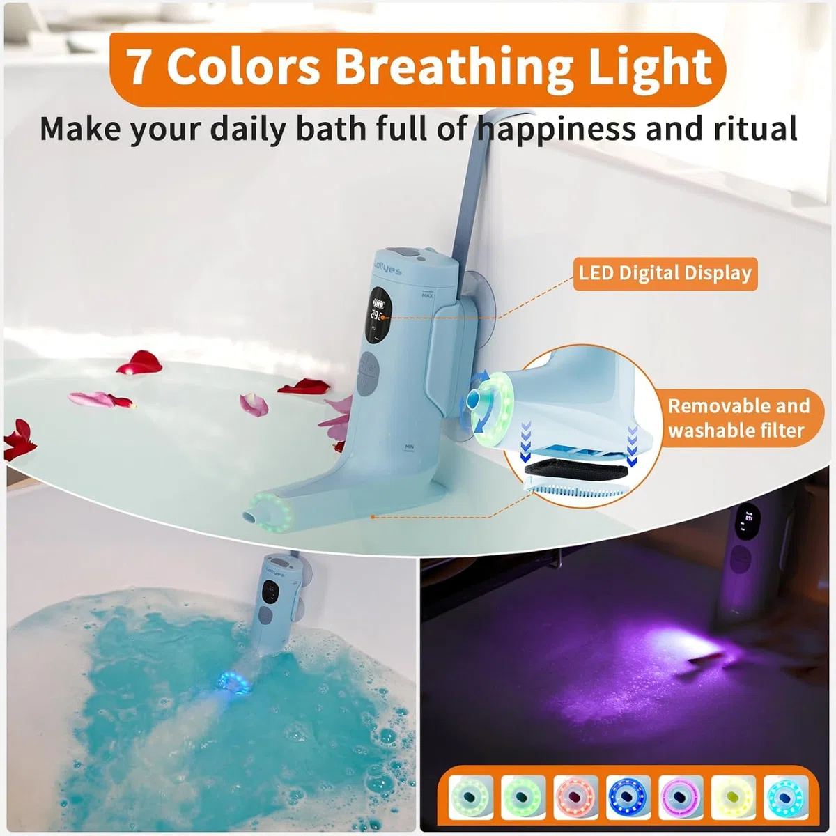 Spa Idromassaggio a Bolle per Vasca da Bagno con Doppie Modalità di Idroterapia, Flusso d’Acqua a 3 Livelli, Impermeabile IP68, Luce LED, Wireless Batteria da 2600mAh (Blu)