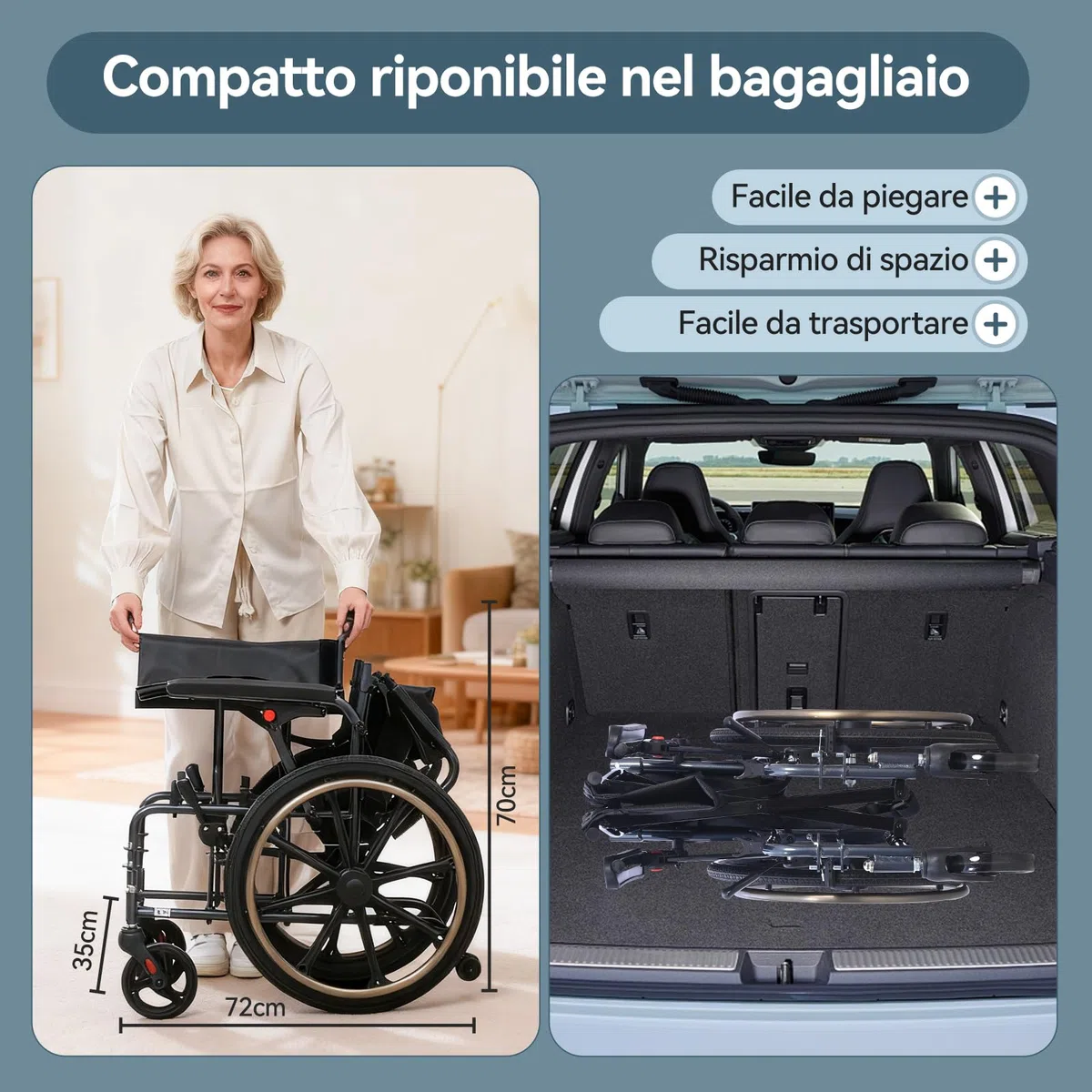 M4 Sedia a rotelle pieghevole autopropulsata per adulti(11KG), seduta ampia 46cm, con poggiapiedi rimovibili, ruote antiribaltamento e doppio sistema frenante, robusta e resistente, portata 100KG-Nero