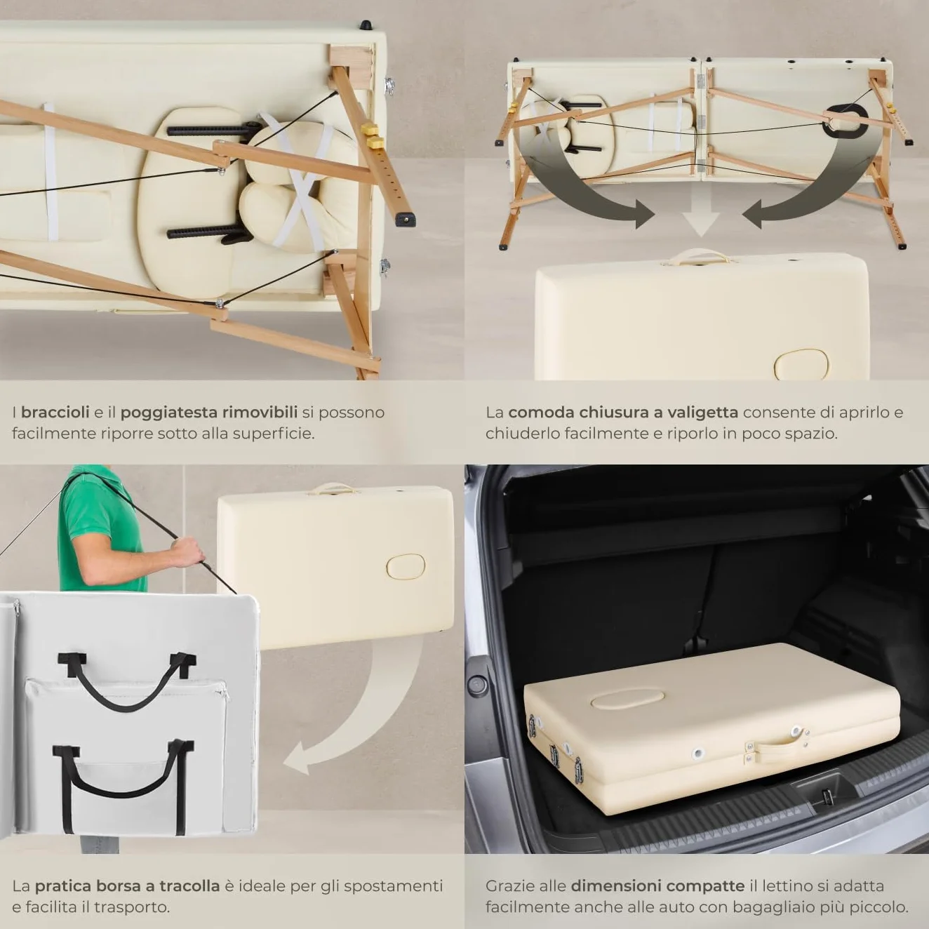 tectake Set Lettino Massaggio a 2 Zone con Rulli Portatile Pieghevole 7,5 cm Beige