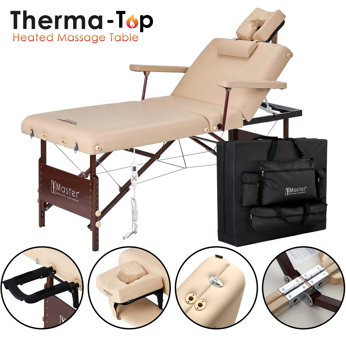 Master Massage Del Ray Salon Therma Top - Lettino pieghevole per massaggi e cosmetici, riscaldabile, schienale regolabile con cuscino musicale, altoparlante Bluetooth