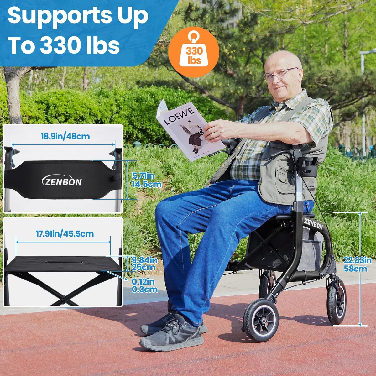 Deambulatore per Anziani in Alluminio: Girello 4 Ruote con Seduta Rollator Leggero Pieghevole - Rollator Viaggio Regolabile in Altezza con Porta Bastone e Borsa della Spesa Rimovibile amovible (Nero)