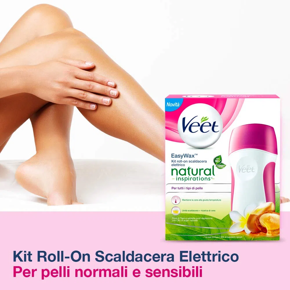 Veet Kit Roll-on Scaldacera Professionale Easy Wax Natural Inspiration, Inclusi Rullo Scaldacera Elettrico, 1 Ricarica di Cera 50ml, 12 Strisce e Salvietta Post-Epilazione, 90% Ingredienti Naturali