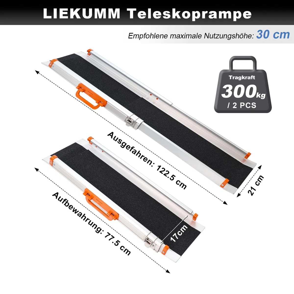 LIEKUMM Rampa per Sedia a Rotelle,122.5 cm Rampe di Carico Telescopiche in alluminio, Portata 300 kg per Rampa per Disabili, Sedie a Rotelle Manuali, Confezione da 2