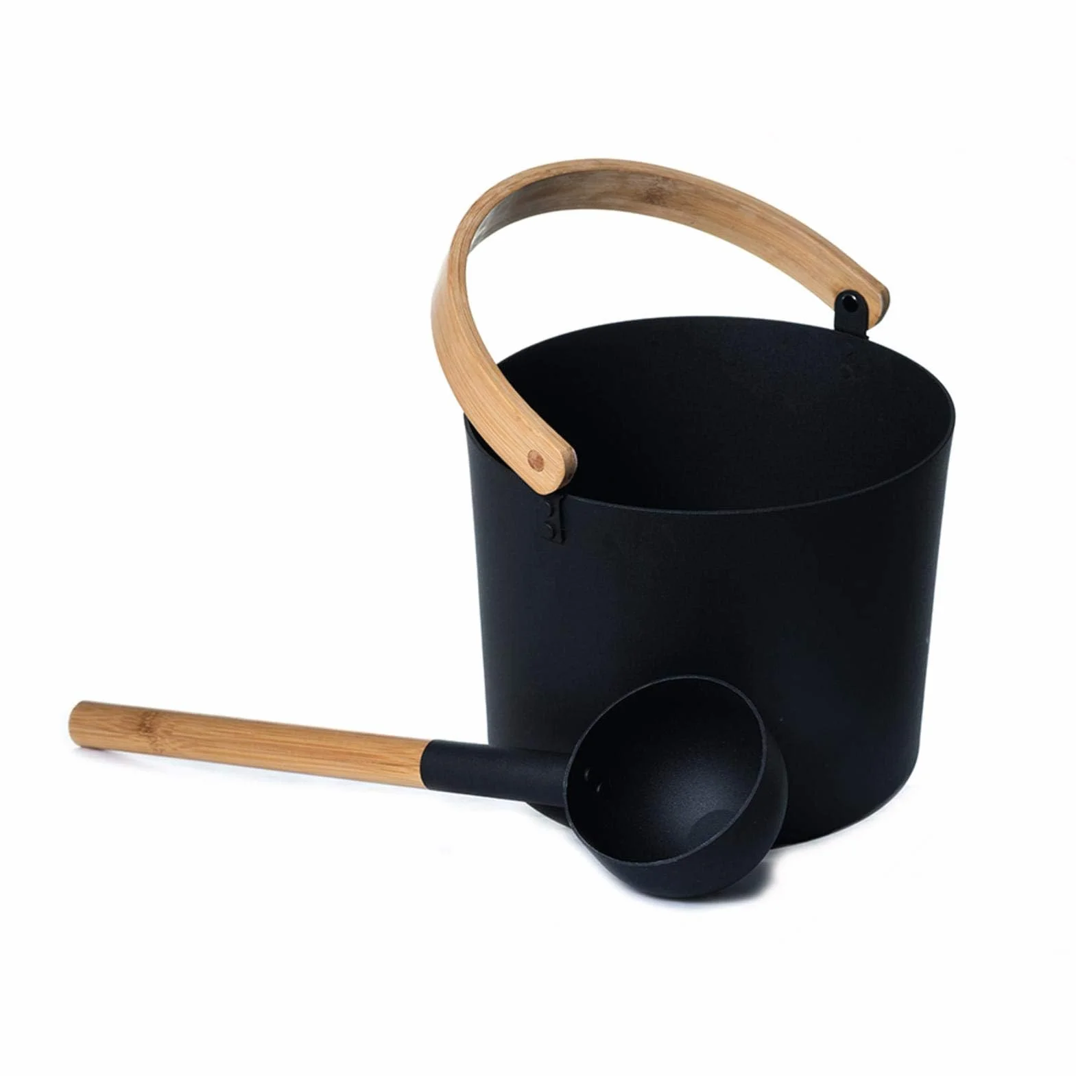 Sauna in Alluminio 7 l Nero con Manico Lungo e Cucchiaio in Legno