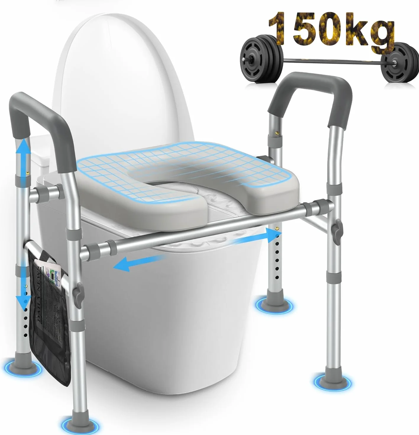 Rialzo wc per anziani, Sedile rialzato per wc con maniglie, Regolabile in altezza e larghezza, Alzawater per protesi anca, Capacità di 160 kg