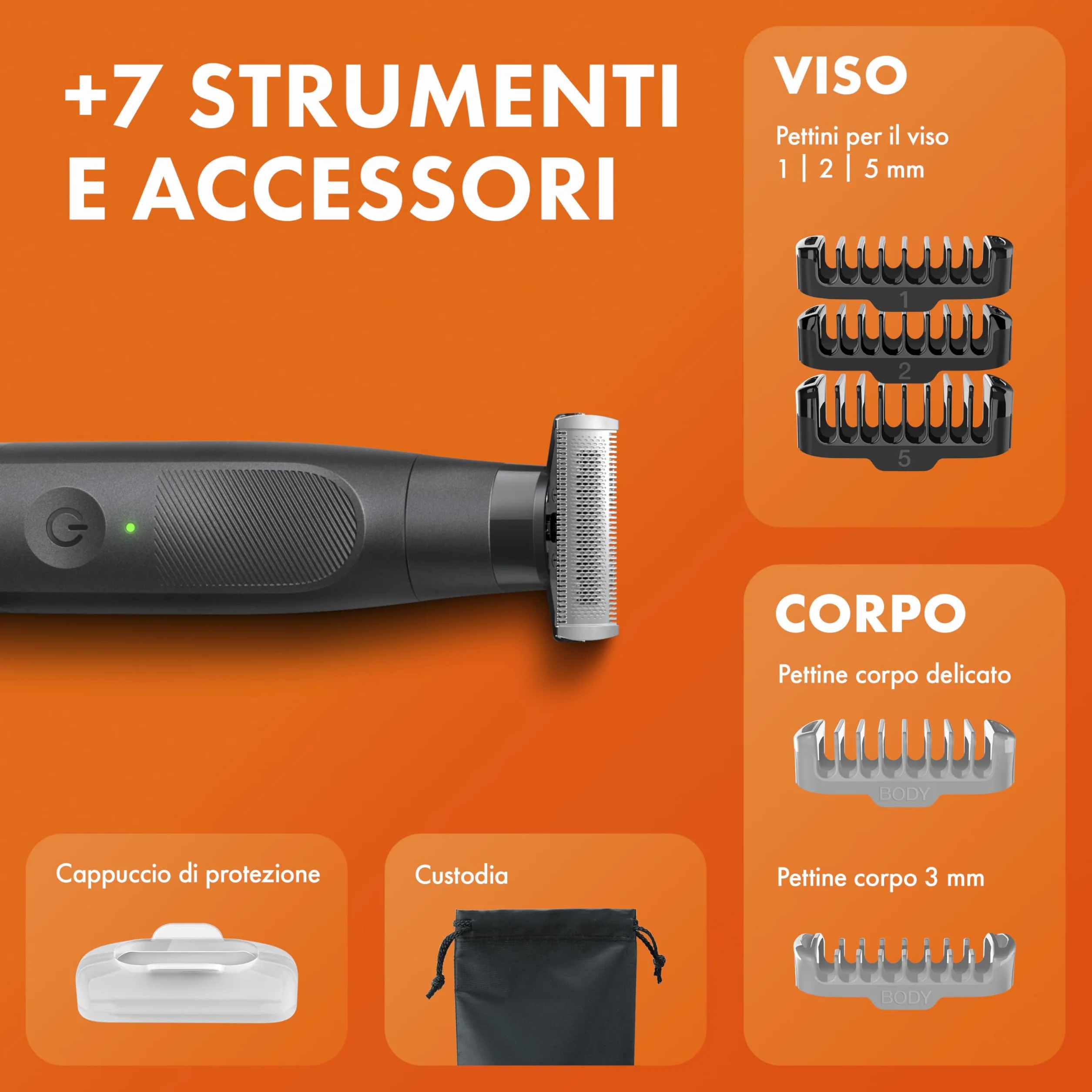 Gillette Fusion One Rasoio Elettrico Uomo Barba e Corpo, 3 Pettini Barba (1,2,5mm), Testina Oscillante, Impermeabile, 45 Min Autonomia