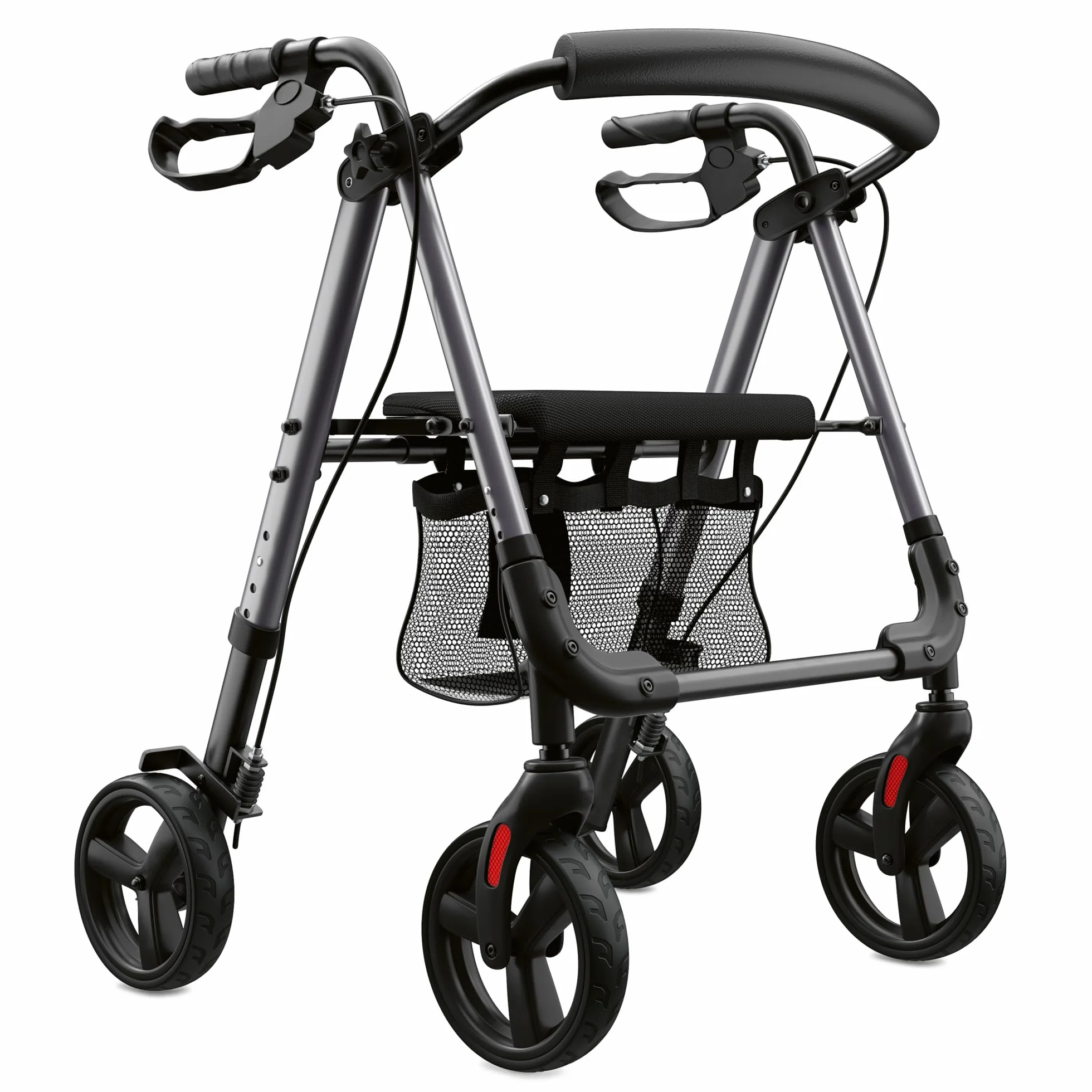 Deambulatore leggero e regolabile, 6,2 kg, seduta imbottita con schienale, rete e supporto per bastone, pieghevole, maniglie e seduta regolabili in altezza in 4 posizioni, carrello da passeggio da