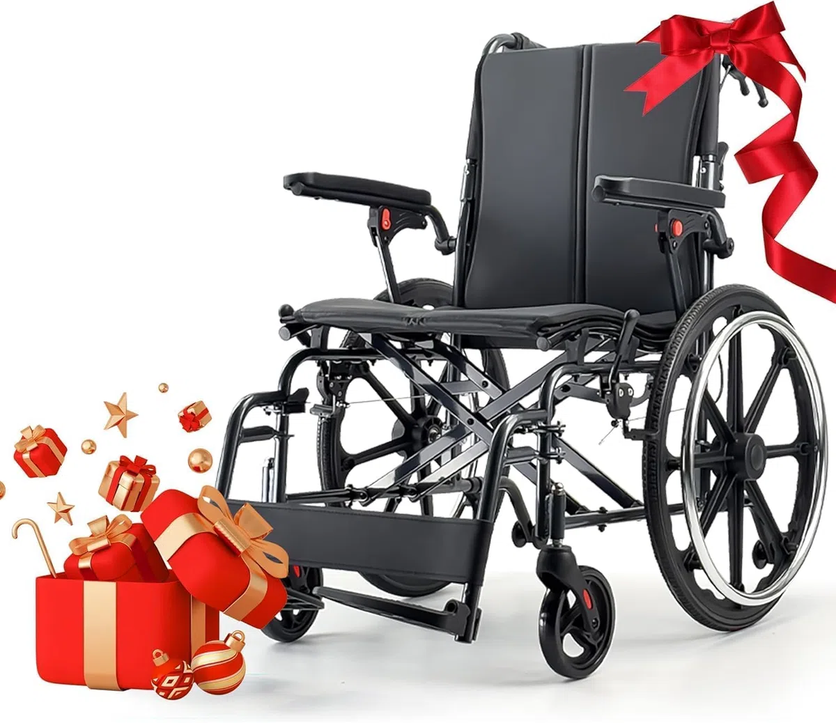 M4 Sedia a rotelle pieghevole autopropulsata per adulti(11KG), seduta ampia 46cm, con poggiapiedi rimovibili, ruote antiribaltamento e doppio sistema frenante, robusta e resistente, portata 100KG-Nero