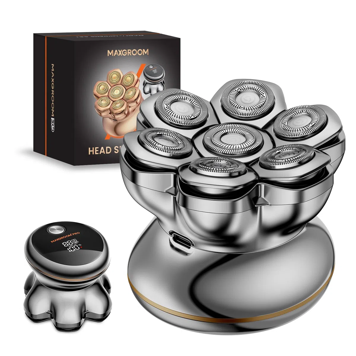 MAXGROOM PRO 7D Rasoio Testa Calva 2 Velocità, Rasoio Elettrico Capelli Uomo Rasa Capelli Uomo a Zero Assoluto, Shaver Capelli, Regalo per Papà e Marito (Argento)