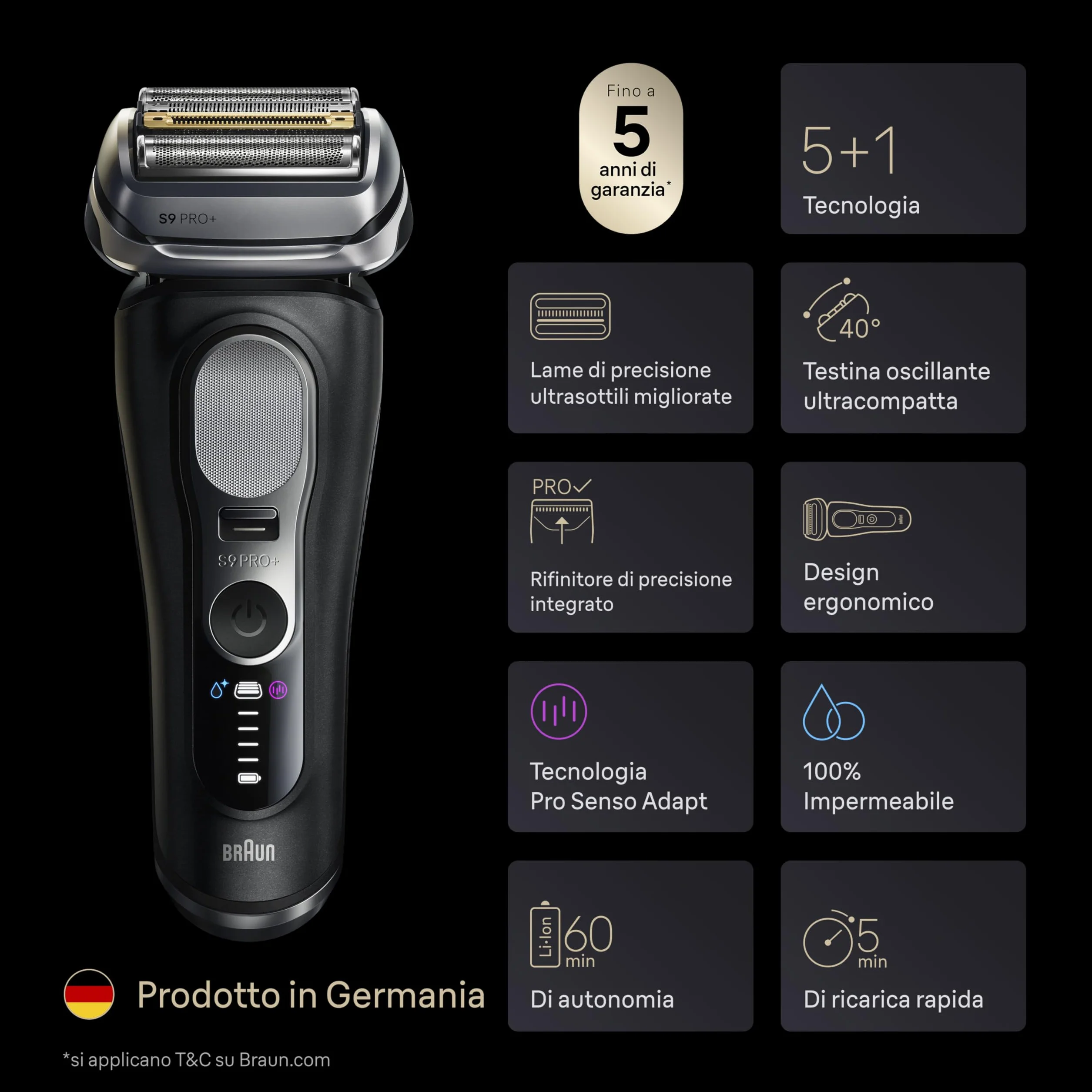 Braun Serie 9 Pro+ Rasoio Elettrico Barba Wet&Dry 5+1 Lame Ultra Sottili Tecnologia Pro Sensoadapt 60 Min Base di Ricarica Nero